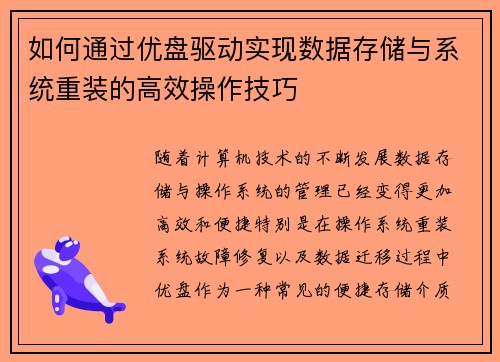 如何通过优盘驱动实现数据存储与系统重装的高效操作技巧
