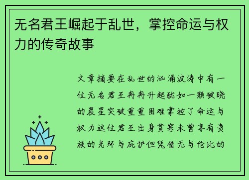 无名君王崛起于乱世，掌控命运与权力的传奇故事